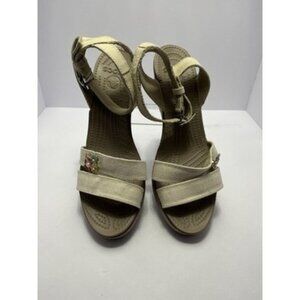 NWOB Crocs Leigh II Ankle Cross Strap Wedge Sandals Size 9 Beige Canvas